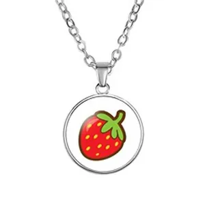 Detailed view of an 18mm silver-tone pendant necklace with a cute red strawberry motif.