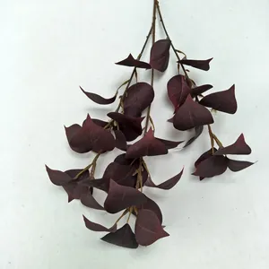Artificial dark red leaf branch detail view, perfect for wedding home decor and plant walls.