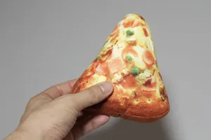 Primer plano detallado del divertido juguete de peluche de pizza para mascotas, tela suave.