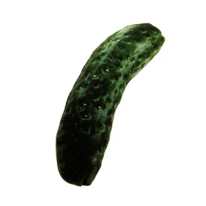 Vista detallada del juguete de peluche con forma de pepino, textura suave y resistente.
