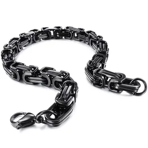Detailed view of a black stainless steel Byzantine chain necklace with a secure lobster clasp