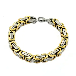 Detailed view of two-tone Byzantine chain bracelet made of durable stainless steel