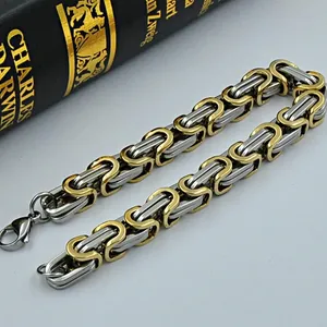 Detailed macro shot of the two-tone stainless steel Byzantine chain bracelet link