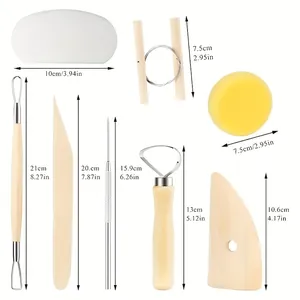 Vue détaillée montrant les dimensions des outils de poterie pour l'argile et le bricolage.