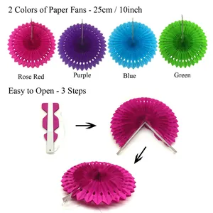 25cm paper fan decorations set, colorful hanging paper flowers for wedding party backdrop decor.