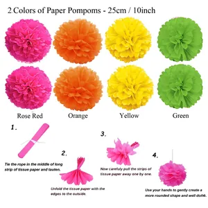 Detail view of colorful paper pompoms with step-by-step installation instructions for party decor