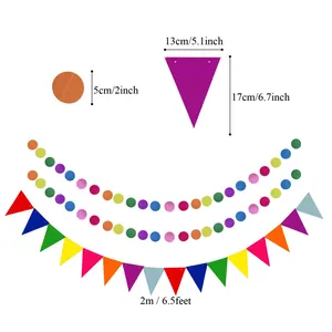 Party decoration banner and paper dots garland set detail view with clear dimensions spec.