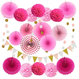 20pcs pink paper fan flowers set party hanging decorations paper pom poms wedding banner decor
