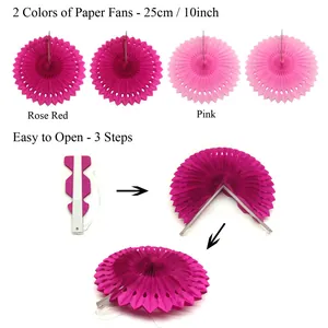 25cm decorative paper fans for party hanging flower decoration rose red and pink set