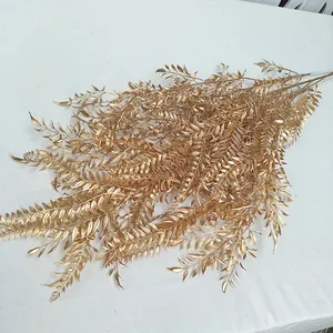 Gold artificial plant branch fake leaves for wedding decor home party floral arrangement display.