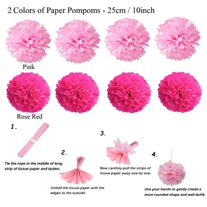 Detailed tissue paper pompoms instruction and color display for party and wedding decor.