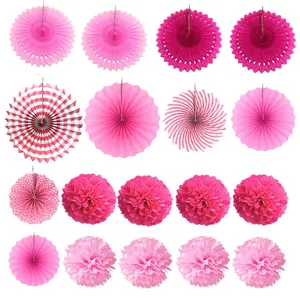 Detailed pink paper fan flowers and pom poms, 20pcs set for wedding and party decoration.