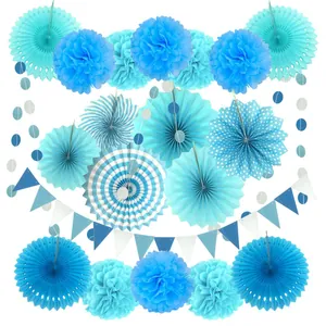 Blue paper fan flowers pom poms and triangle flags set for party wedding birthday decoration.