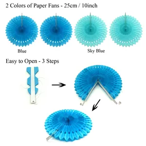 25cm paper fans party decoration blue and sky blue easy open hanging decor set
