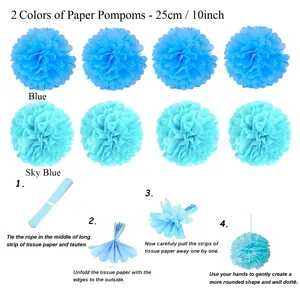 Detail view showing light blue paper pompoms and clear step-by-step assembly instructions.