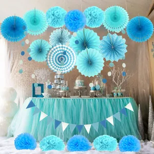 Blue paper fan flowers party decoration set wedding hanging paper pom poms pennant banner
