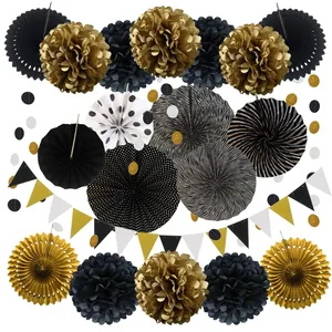20-piece party decoration set featuring black and gold paper fans, pom poms, and bunting banner.