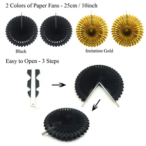 25cm Paper Fans Party Decoration Set Black and Gold Hanging Paper Flowers for Wedding