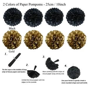 25cm Black and Gold Paper Pom Poms Set for Wedding Party Decoration DIY Flower Balls