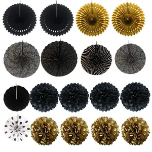 Black and gold party paper fan flowers and paper pom poms set for wedding and birthday.