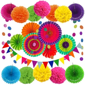 20-piece colorful paper fan tissue pom poms and bunting banner set for wedding party decor detail