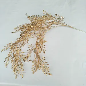 Gold artificial plant branch for wedding decoration and home floral display, elegant golden.