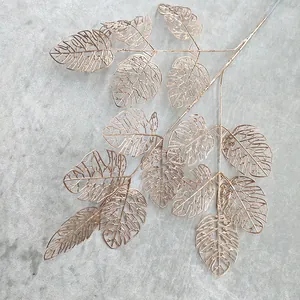 Rose gold artificial leaf branch metallic hollow plant stem for wedding floral decor party display.