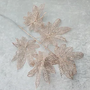 Gold artificial plant branch skeleton maple leaves for wedding and home decor display.