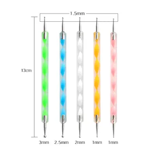 Detail view of 5pcs colorful dual-ended nail dotting pens, 13cm length with multi-size tips.