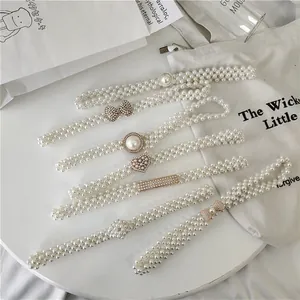 Women Fashion Artificial Pearl Waist Chain Metal Rhinestone Dress Decor Belt Jewelry