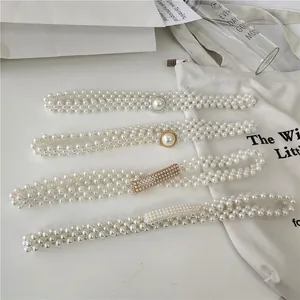 Elegant women pearl waist belt elastic beaded dress accessory set for ladies.