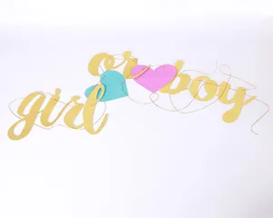 Glitter girl or boy banner detail, shiny paper letter cutouts with pink blue heart party decor.