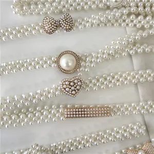 Elegant women pearl waist chain decorative belt for dress, elastic beaded waist belt fashion.