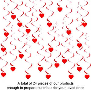 Valentine heart hanging swirls 24pcs red PVC streamers party decor props for lovers.