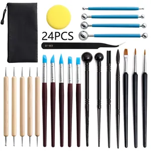 24pcs pottery clay sculpting tools set with dotting pens, silicone brushes and storage pouch.