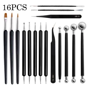 Detail view of 16-piece pottery clay sculpting tool set, featuring brushes and dotting pens.