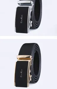 Men formal business automatic buckle leather belt with lychee pattern and alloy buckle.