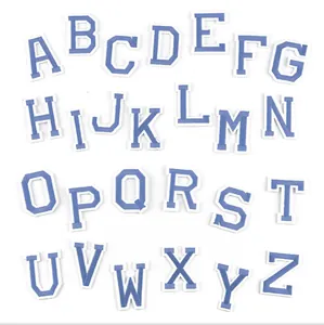 Blue and white varsity letter embroidery patches, set of A-Z alphabet iron-on clothing badges.