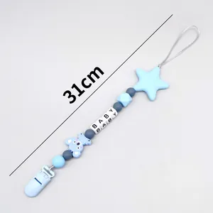 Blue silicone pacifier clip for baby with koala and star beads, 31cm length design