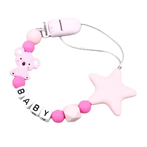 Baby silicone pacifier clip with pink koala and star beads engraved with BABY