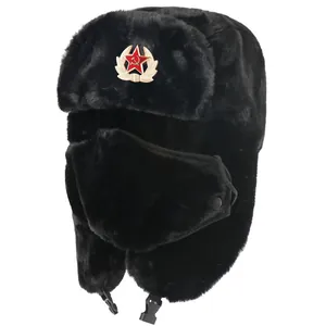 Winter black faux fur ushanka hat with warm face mask and Soviet red star badge for men.