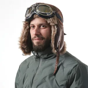Mens winter faux fur aviator hat with windproof goggles brown leather bomber trapper cap