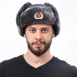 Men's thick faux mink fur winter warm bomber hat, ushanka cap with red star badge.