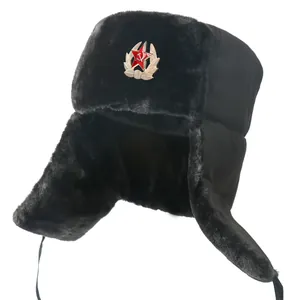 Winter warm black ushanka bomber hat with soviet red star badge, thick plush ear flaps.