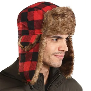 Men's winter plaid ushanka hat with warm faux fur ear flaps for outdoor cold weather