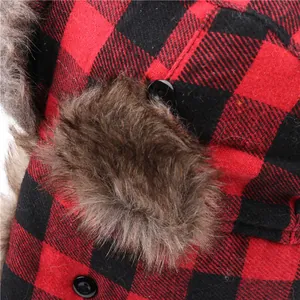 Red and black plaid trapper hat detail, winter warm faux fur outdoor ski windproof cap.