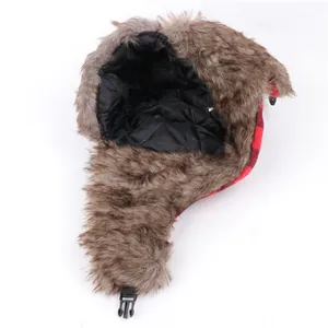 Winter warm trapper hat with red black plaid pattern, faux fur earflaps, and padded lining.