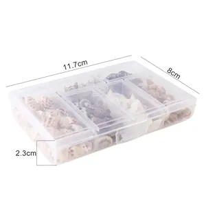 Clear transparent plastic storage box filled with mixed natural spiral seashells for DIY crafts.