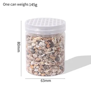 Natural seashell mix in clear plastic jar for DIY aquarium and craft landscaping projects.