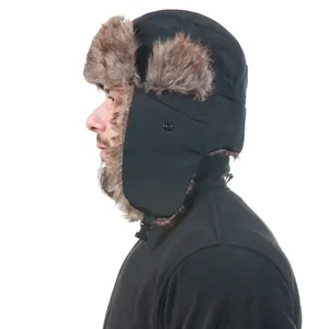 Zwarte winter ushanka muts met warme nepbont oorflappen, winddichte koude weer muts.